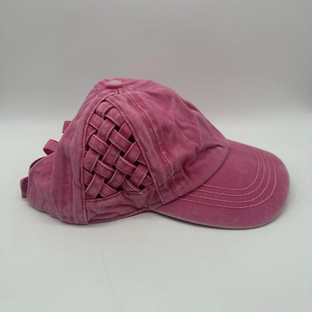 C.C. Womens Criss Cross Ponytail Baseball Cap Basket Weave Pink Messy Bun